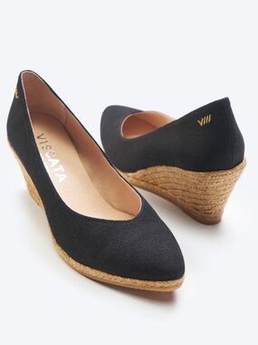 Viscata Barcelona Roses Canvas V Cut Espadrille Black Wedges